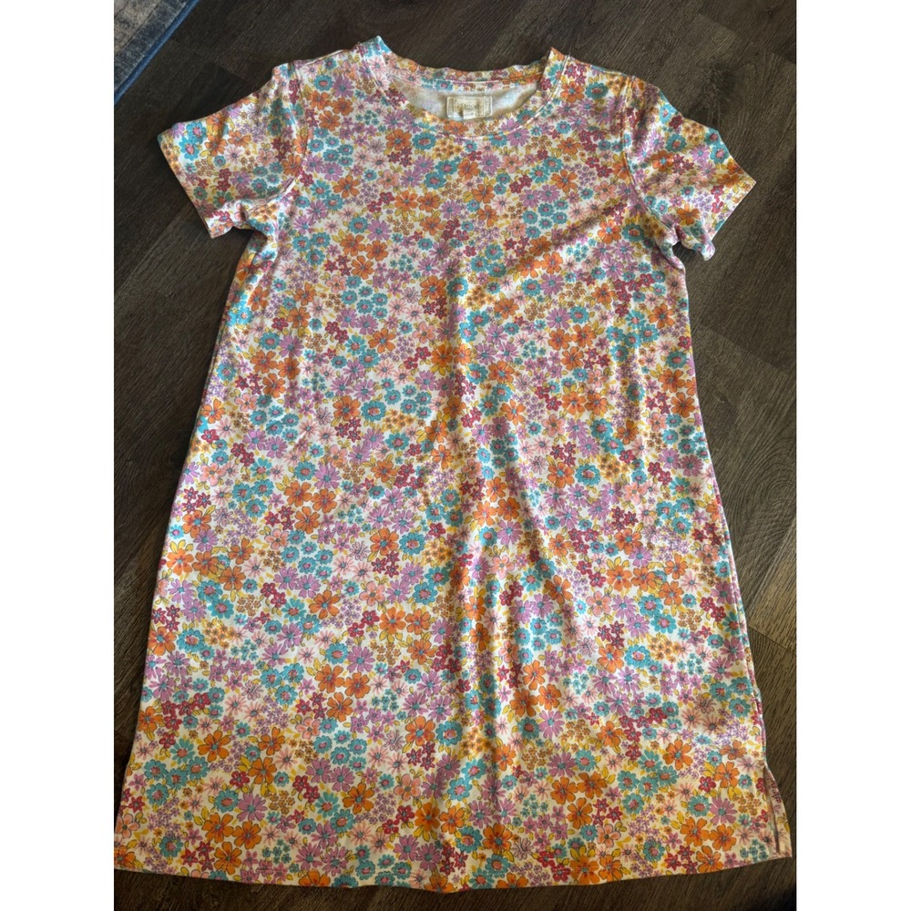Greige Floral T-Shirt Dress Womens Large French Terry Short Sleeve Mini Shift
